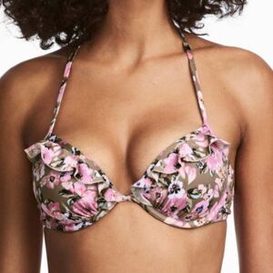 H&M olive green floral push up bikini top